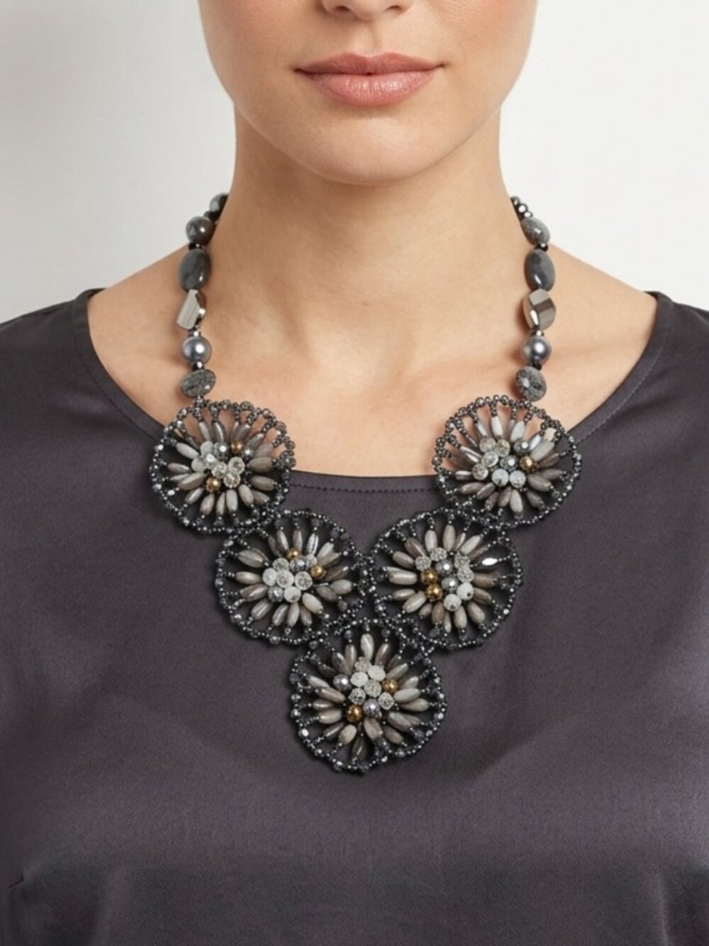 Nakamol Chicago Gray 5-Flower Beaded Crystal‎ Bib Statement Necklace OS